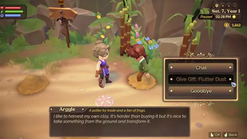 Screenshot showing how to give gifts in Fae Farm