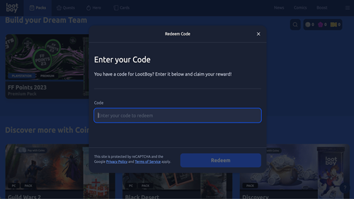 LootBoy code redeem screen