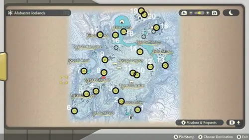 Pokermon Legends Arceus Wisp Locations: map of Alabaster Icelands