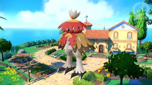 The Hisuian Decidueye sprite over the protagonist's house in Pokemon Scarlet & Violet