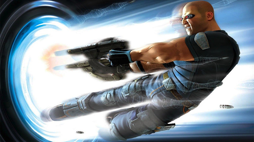 A character leaping through a portal in TimeSplitters.