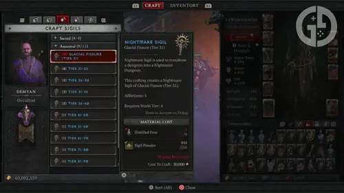 Glacial Fissure Nightmare Dungeon Sigial crafting in Diablo 4