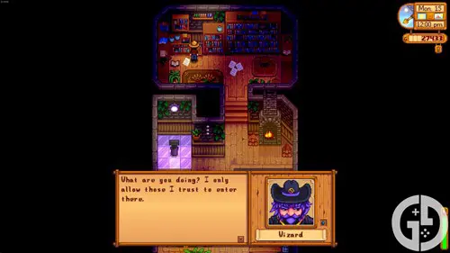 Image of the Wizard and the entrance to the basement in Stardew Valley