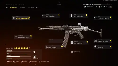 A STG44 loadout with text of attachments.