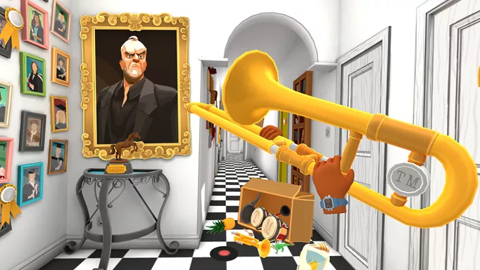 The player plays a trombone in the hallway of the Taskmaster house as Greg Davies looks down on them from a portrait in Taskmaster VR.