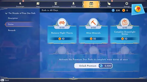 The Duties screen in Disney Dreamlight Valley