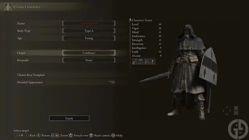 Screenshot showing the Confessor build starting stats in Elden Ring