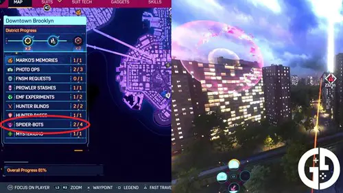 The district legend for Spider-Bots on the right and spotting a Spider-Bot location in Spider-Man 2