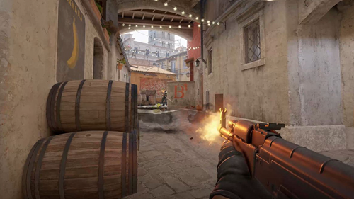 A player issuing gunfire down an alley in Counter-Strike 2.