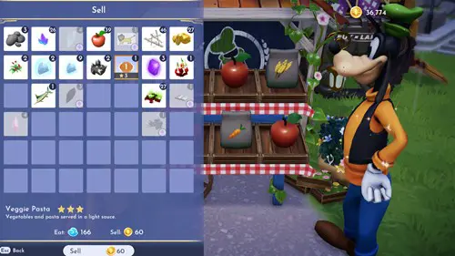 Screenshot of the Veggie Pasta selling price in Disney Dreamlight Valley