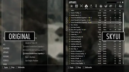 an image of SkyUI compared to the vanila Skyrim UI