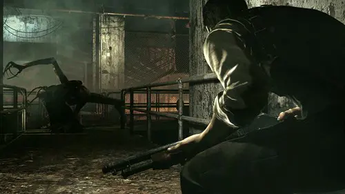 Screenshot from PS Plus April 2023 game The Evil Within where Sebastian is crouching in front of a monster