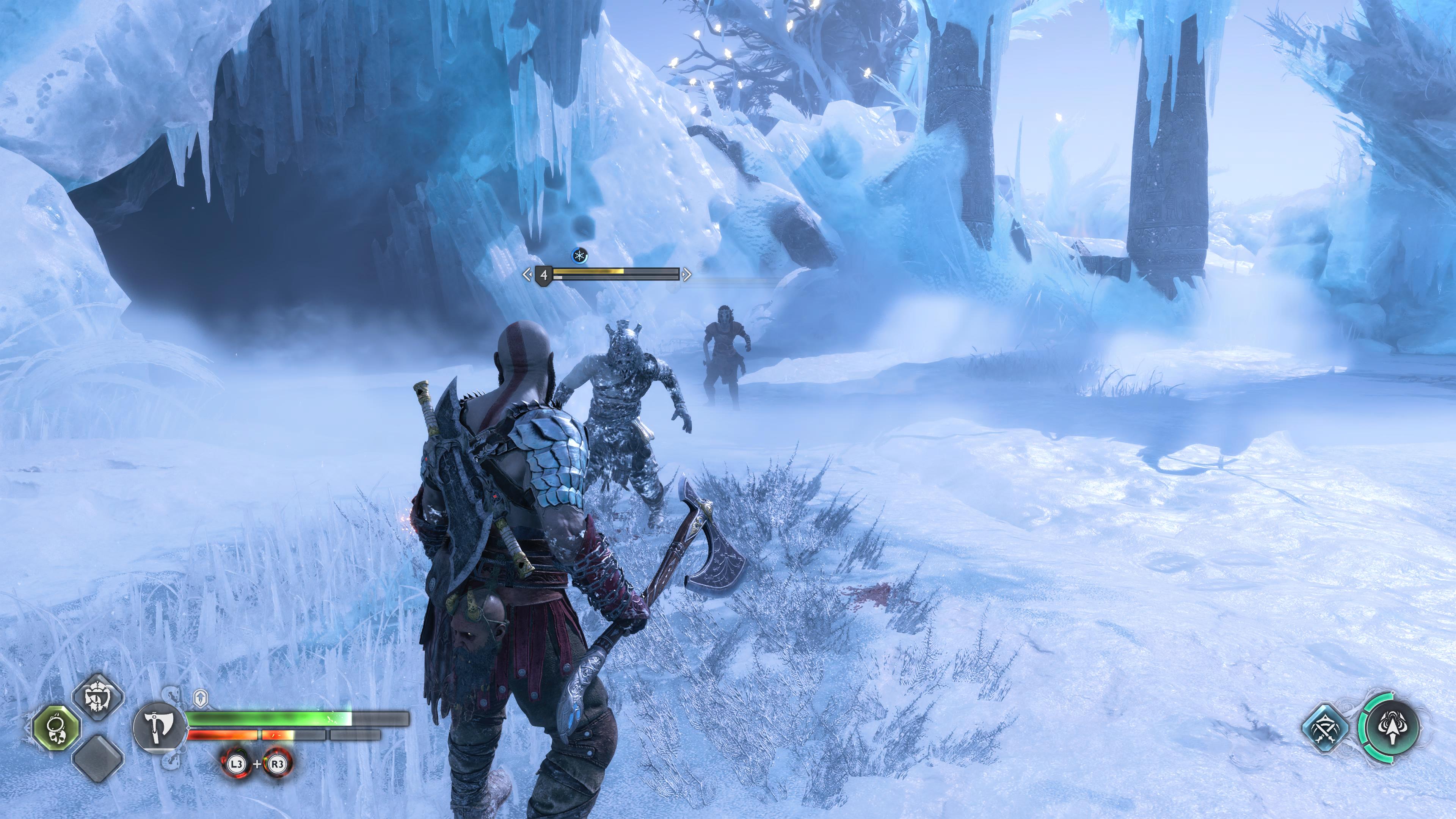 Kratos in a snowy environment in God of War Ragnarok