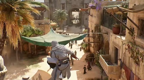 A gameplay screenshot of the player character in Assassin's Creed Mirage perched above a busy street