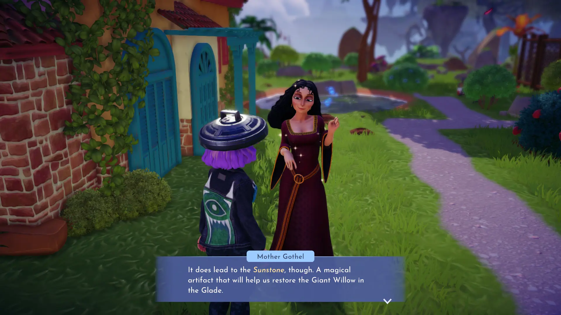 Screenshot of receiving the Sunstone Fragments quests from Mother Gothel in Disney Dreamlight Valley