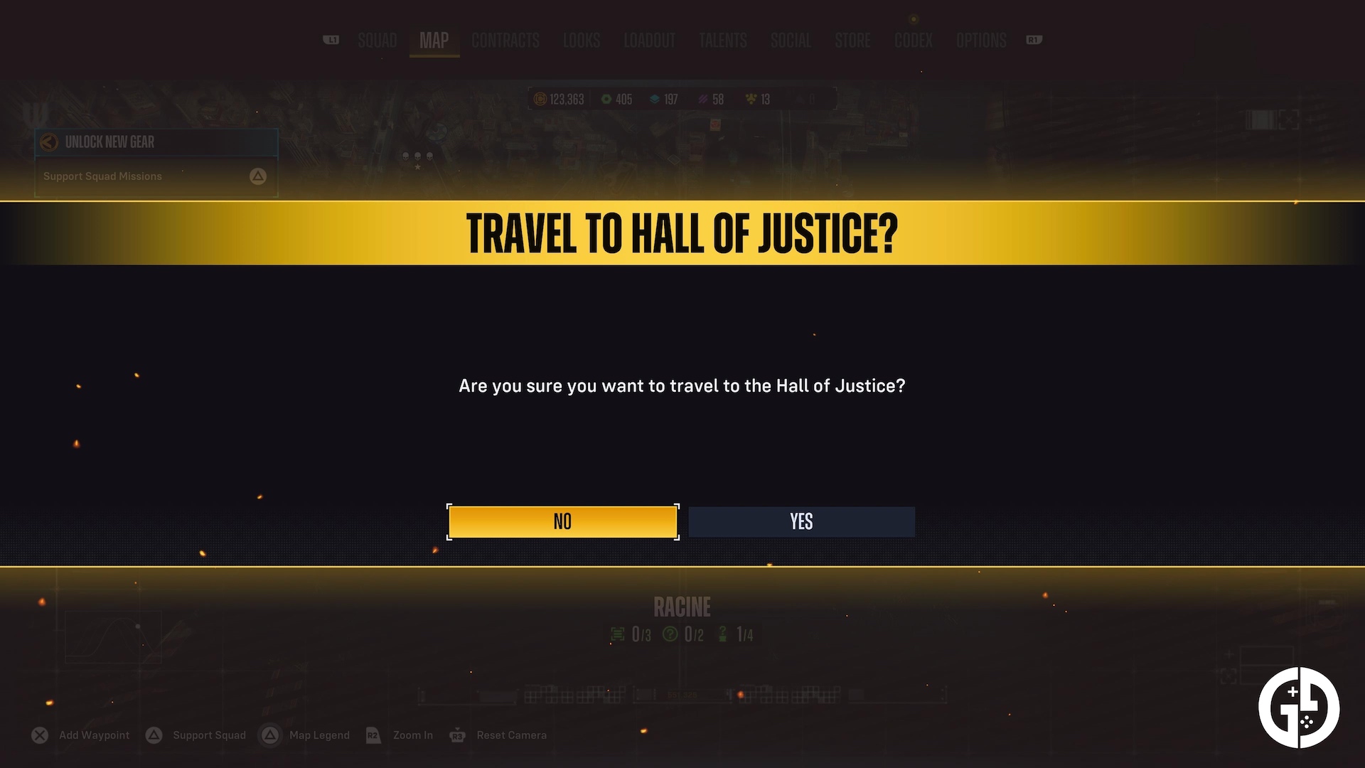 Screenshot of the travel to Hall of Justice option