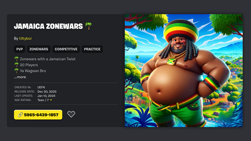 The Fortnite.GG page for Jamaica Zonewars, an example of Fortnite maps using racist AI art.