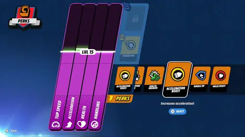 Perk selection screen in LEGO 2K Drive