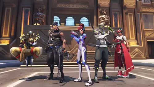 Zenyatta, Hanzo, D.va, Genji, and Kiriko in Overwatch 2