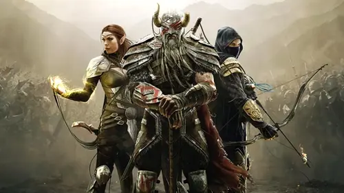 The key art for Elder Scrolls online, starring a barbarian, an archer, and a mage.