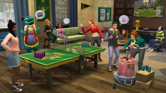 Key art for Discover University with a group of Sims
