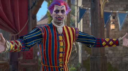 Dribbles the Clown from Baldur's Gate 3, looking desperate for approval.