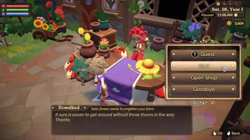 Screenshot of Rosalind's stall, where you can get flower seeds in Fae Farm