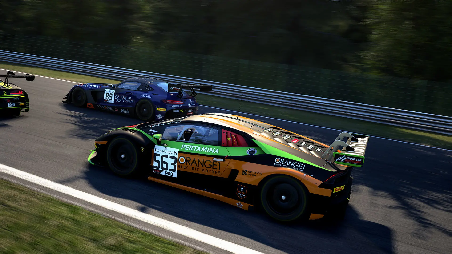 A Lamborghini Huracan pursues other cars down a straight in Assetto Corsa