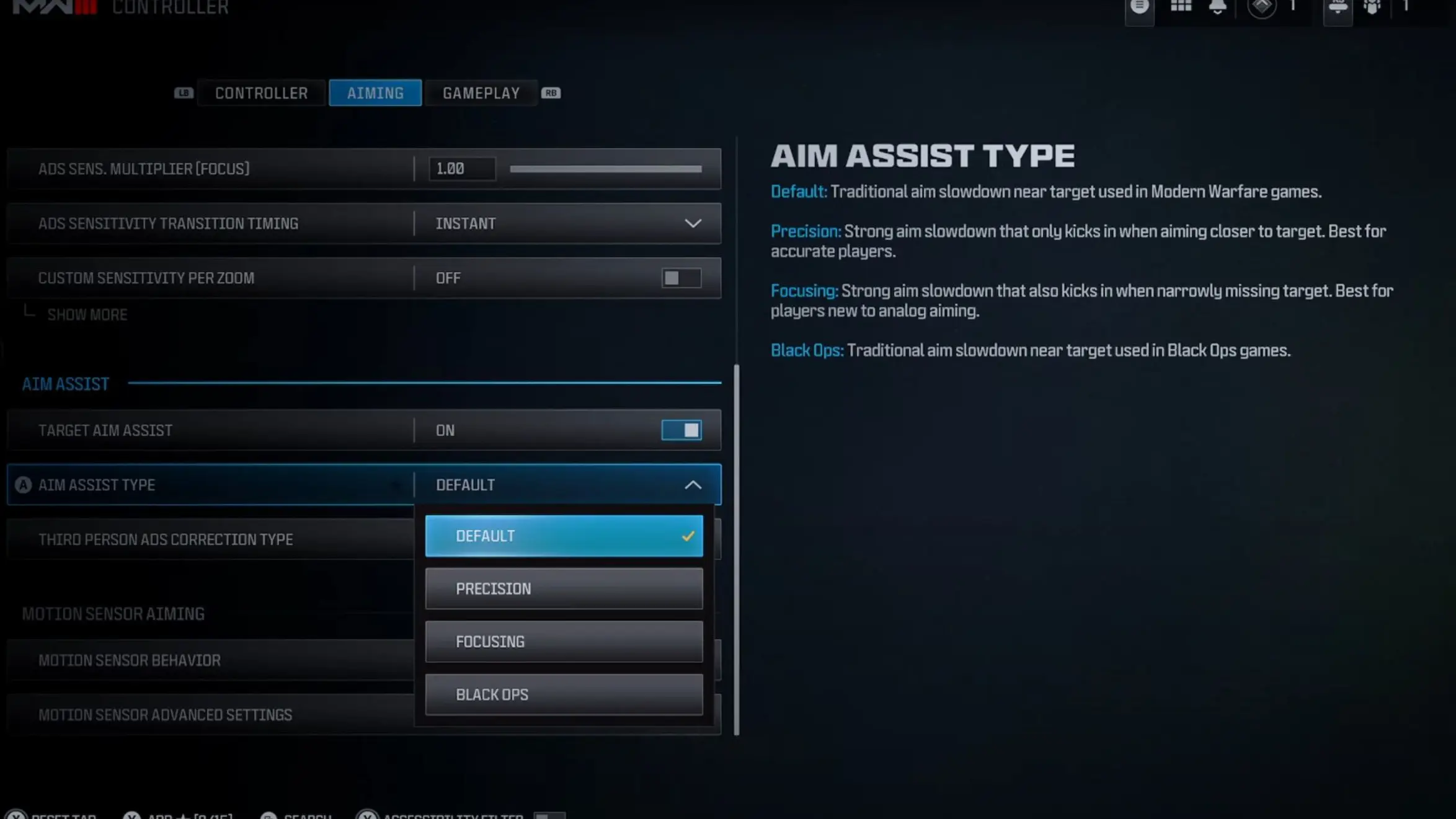 The in-game explanations of the different Aim Assist types in Modern Warfare 3