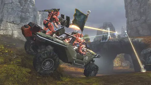 Halo Master Chief Collection screenshot showing Spartans in a Warthog