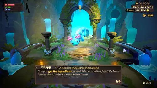 Screenshot of Neppy in Fae Farm, the cause of the whirlpools