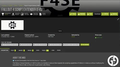 The Script Extender mod page for Fallout 4.