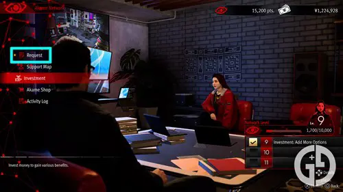 The Akame network menu, with Kiryu and Akame sitting in her office in the background