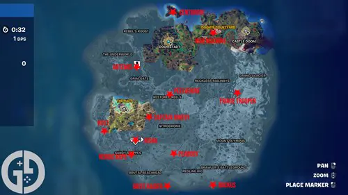 Map showing the 12 NPC locations in Fortnite Chapter 5 Season 4