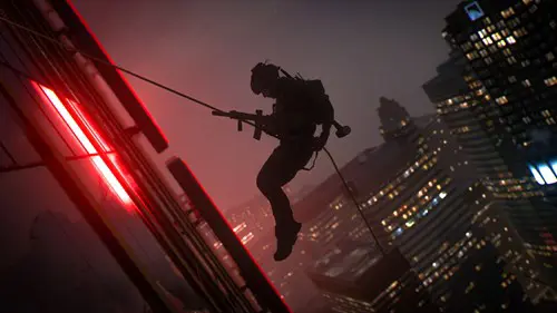 A character rappelling down a building in Call of Duty: Modern Warfare II.