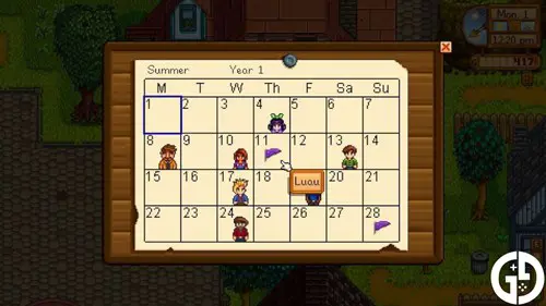 The calendar in Stardew Valley showing the date for the Luau as Summer, 11