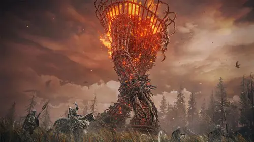 A wicker giant editing constant flames walks across a field in Elden Ring's Shadow of the Erdtree DLC.