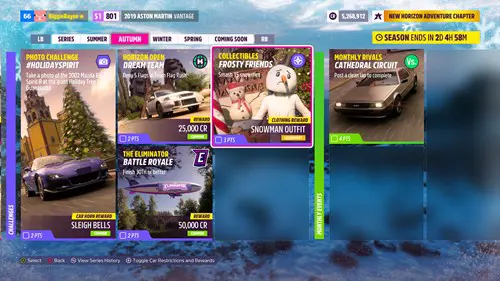 The Forza Horizon 5 Frosty Friends challenge on a menu.