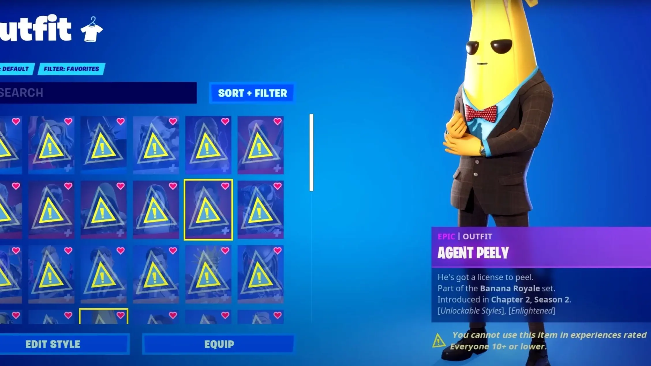 What it looks like if your Skin is age-restricted in Fortnite