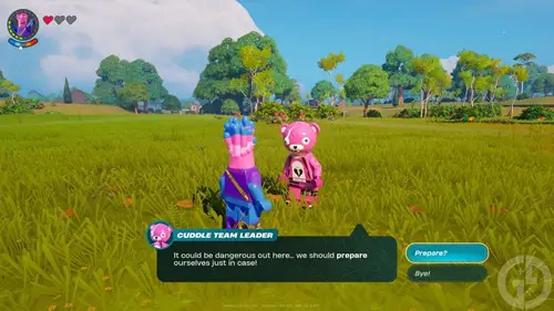 The Cuddle Team Leader NPC giving advise in LEGO Fortnite