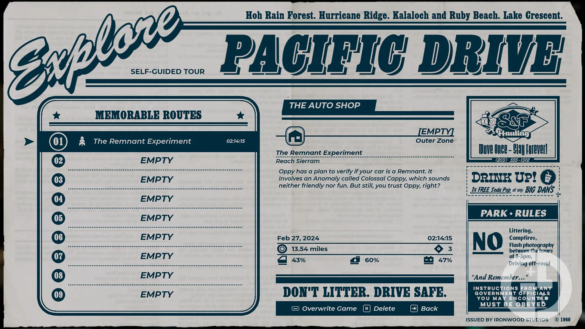 Pacific Drive Save Game Screen