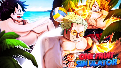 Key art of One Fruit SImulator, featuring Luffy and several One Piece characters in Roblox