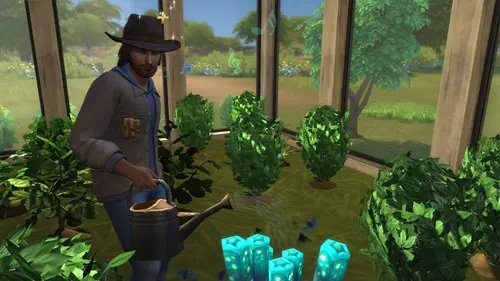 A sim gardening in The Sims 4 Horse Ranch