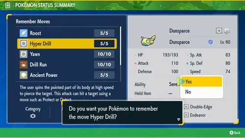 Learning Hyper Drill to evolve Dunsparce in Pokemon Scarlet & Violet into Dudunsparce