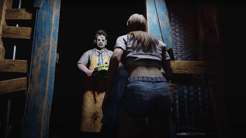 A victim in The Texas Chainsaw Massacre is cornered in the basement with Leatherface, chainsaw in hand.