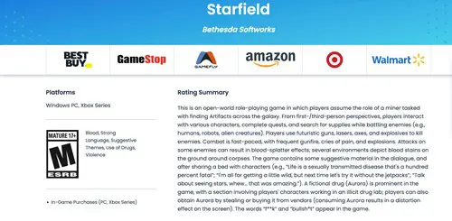 Starfield ESRB Rating