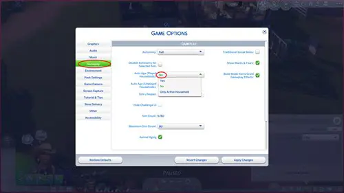 Screenshot of game options to stop ageing in The Sims 4