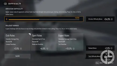 The Drivatar difficulty settings in Forza Motorsport