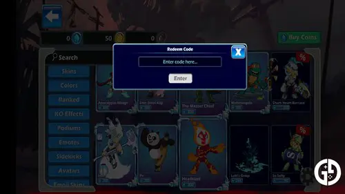 Code redeem screen in Brawlhalla