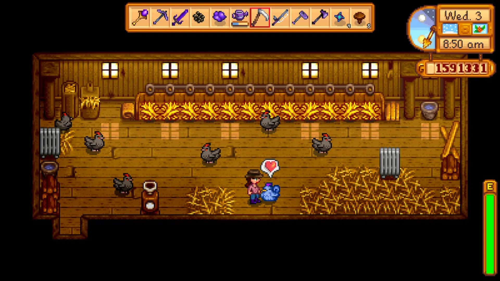 Screenshot of blue chickens in Stardew Valley, a reward for befriending Shane